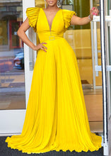 Load image into Gallery viewer, Beautiful Yellow V Neck Tulle Patchwork Wrinkled Sashes Jumpsuit Summer