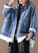 Load image into Gallery viewer, Beautiful stand collar zippered Fine crane coats denim blue Art women coats