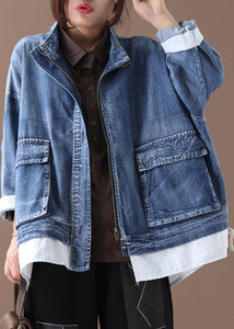 Beautiful stand collar zippered Fine crane coats denim blue Art women coats