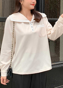 Beige Oversized Spandex Shirt Top Sailor Collar Fall