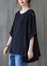 Load image into Gallery viewer, Black Lace Patchwork Cotton T Shirt Top Asymmetrical Summer