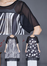 Load image into Gallery viewer, Black Patchwork Chiffon Long Dresses Letter Zircon Print Summer