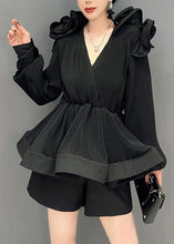 Load image into Gallery viewer, Black Patchwork Chiffon Shirt Tops Wrinkled Tunic Spring