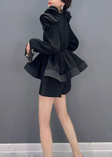 Load image into Gallery viewer, Black Patchwork Chiffon Shirt Tops Wrinkled Tunic Spring