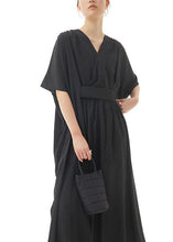 Load image into Gallery viewer, Black Patchwork Cotton Long Dresses V Neck Wrinkled Summer