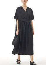 Load image into Gallery viewer, Black Patchwork Cotton Long Dresses V Neck Wrinkled Summer