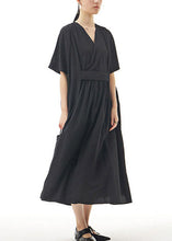 Load image into Gallery viewer, Black Patchwork Cotton Long Dresses V Neck Wrinkled Summer