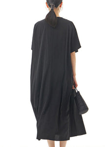 Black Patchwork Cotton Long Dresses V Neck Wrinkled Summer