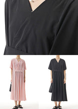 Load image into Gallery viewer, Black Patchwork Cotton Long Dresses V Neck Wrinkled Summer