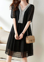 Load image into Gallery viewer, Black Patchwork Cotton Mid Dress V Neck Nail Bead Wrinkled Summer