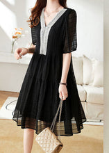 Load image into Gallery viewer, Black Patchwork Cotton Mid Dress V Neck Nail Bead Wrinkled Summer