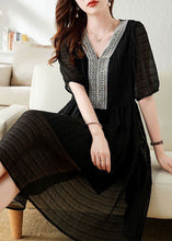 Load image into Gallery viewer, Black Patchwork Cotton Mid Dress V Neck Nail Bead Wrinkled Summer