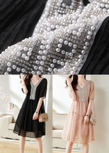 Load image into Gallery viewer, Black Patchwork Cotton Mid Dress V Neck Nail Bead Wrinkled Summer