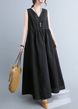 Load image into Gallery viewer, Black Patchwork Cotton Summer Dress Wrinkled V Neck Sleeveless