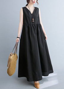 Black Patchwork Cotton Summer Dress Wrinkled V Neck Sleeveless