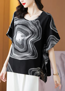 Black Patchwork Print Silk Blouse Tops O Neck Summer