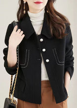 Load image into Gallery viewer, Black Patchwork Woolen Coat Peter Pan Collar Button Fall