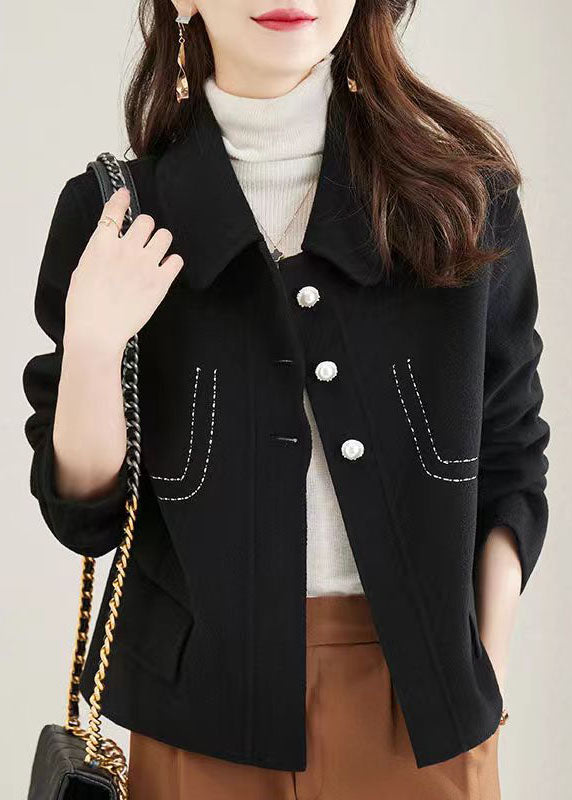 Black Patchwork Woolen Coat Peter Pan Collar Button Fall