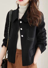 Load image into Gallery viewer, Black Patchwork Woolen Coat Peter Pan Collar Button Fall