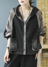 Load image into Gallery viewer, Black Print Button Hooded Denim Coat Long Sleeve