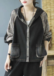 Black Print Button Hooded Denim Coat Long Sleeve