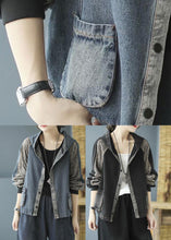 Load image into Gallery viewer, Black Print Button Hooded Denim Coat Long Sleeve