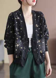 Black V Neck Button Cotton Denim Coats Long Sleeve