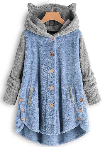 Blue Baby Blue Low High Design Patchwork Teddy Faux Fur Coats Hooded Fall