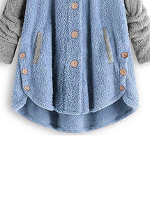 Blue Baby Blue Low High Design Patchwork Teddy Faux Fur Coats Hooded Fall