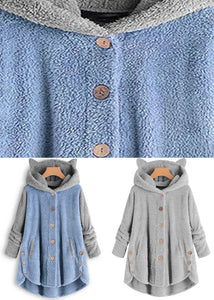 Blue Baby Blue Low High Design Patchwork Teddy Faux Fur Coats Hooded Fall