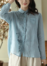 Load image into Gallery viewer, Blue Embroideried Button Ramie Shirt Long Sleeve