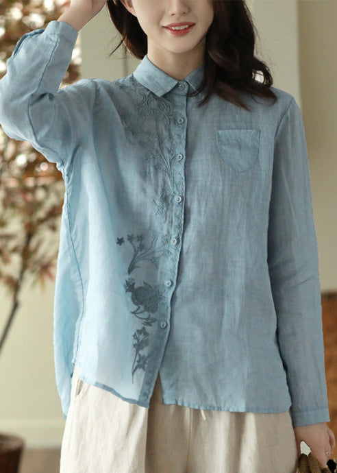 Blue Embroideried Button Ramie Shirt Long Sleeve