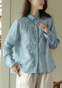 Blue Embroideried Button Ramie Shirt Long Sleeve