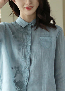 Blue Embroideried Button Ramie Shirt Long Sleeve