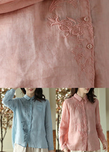 Blue Embroideried Button Ramie Shirt Long Sleeve