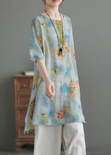 Load image into Gallery viewer, Blue O-Neck Print Low High Design Linen Shirts Half Sleeve