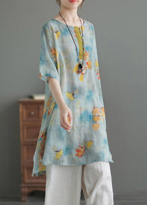 Blue O-Neck Print Low High Design Linen Shirts Half Sleeve