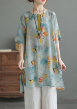 Load image into Gallery viewer, Blue O-Neck Print Low High Design Linen Shirts Half Sleeve