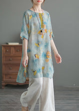 Load image into Gallery viewer, Blue O-Neck Print Low High Design Linen Shirts Half Sleeve