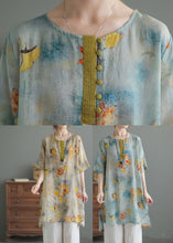 Load image into Gallery viewer, Blue O-Neck Print Low High Design Linen Shirts Half Sleeve