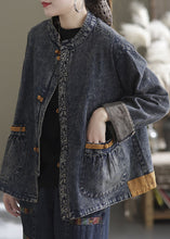 Load image into Gallery viewer, Blue Patchwork Cotton Denim Coats Stand Collar Oriental Button Fall