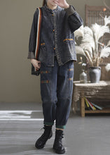 Load image into Gallery viewer, Blue Patchwork Cotton Denim Coats Stand Collar Oriental Button Fall