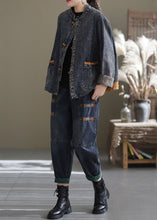 Load image into Gallery viewer, Blue Patchwork Cotton Denim Coats Stand Collar Oriental Button Fall