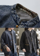 Load image into Gallery viewer, Blue Patchwork Cotton Denim Coats Stand Collar Oriental Button Fall