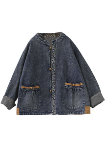 Blue Patchwork Cotton Denim Coats Stand Collar Oriental Button Fall