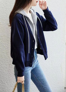 Blue Patchwork False Two Pieces Cotton Hoodie Coat Zip Up Fall