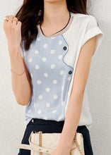 Load image into Gallery viewer, Blue Patchwork Print Dot Silk T Shirt O Neck Summer