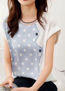 Blue Patchwork Print Dot Silk T Shirt O Neck Summer