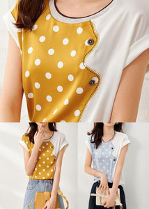 Blue Patchwork Print Dot Silk T Shirt O Neck Summer