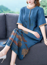 Load image into Gallery viewer, Blue Patchwork Silk Long Dress Oversized Print Half Sleeve